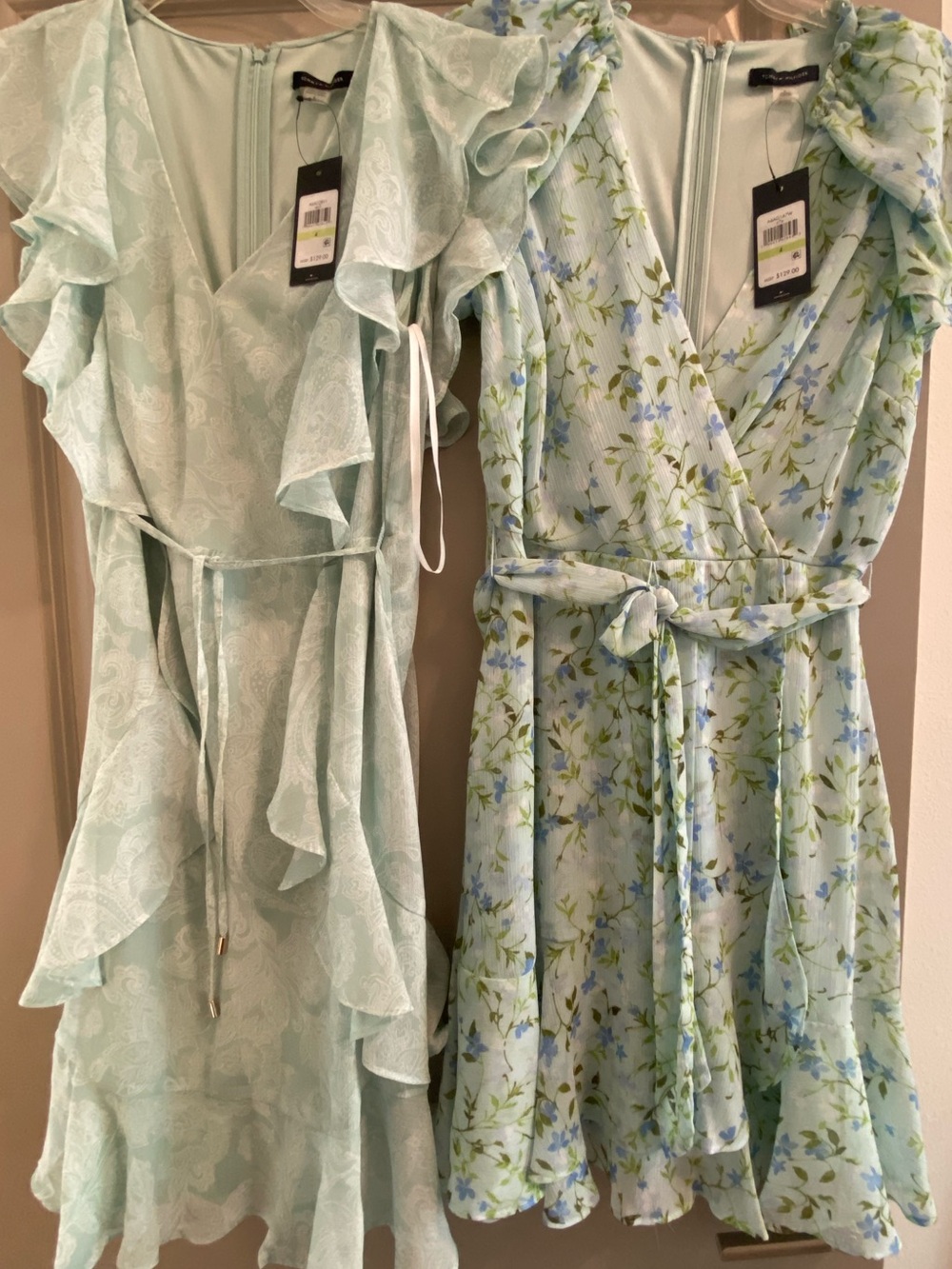 Tommy Hilfiger Light Green Floral & Mint Wrap Mini Dresses (Pair)